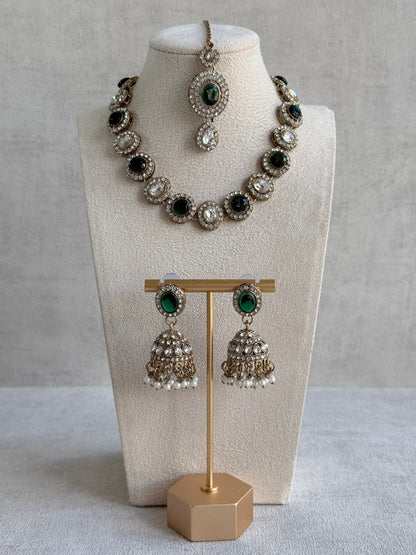 Ayura Designs Eira Necklace Set with Earrings & Tikka – Emerald Green & Crystal Stones with Antique Gold Finish