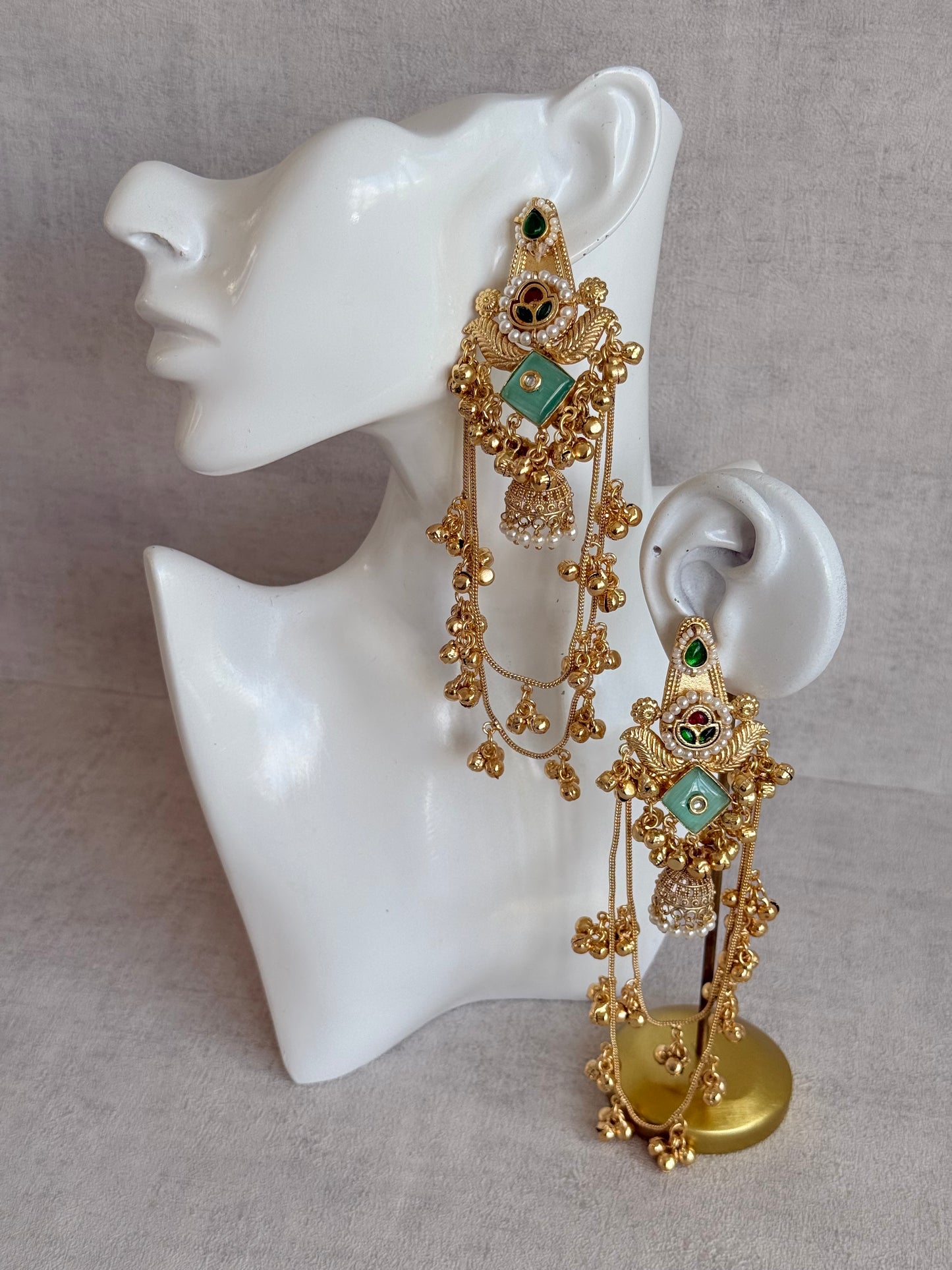 Ayura Designs Simal Earrings – Kashmiri Earrings with Mint Stone, Multicoloured Detailing, Layered Ghungroo Chains & Jhumkis