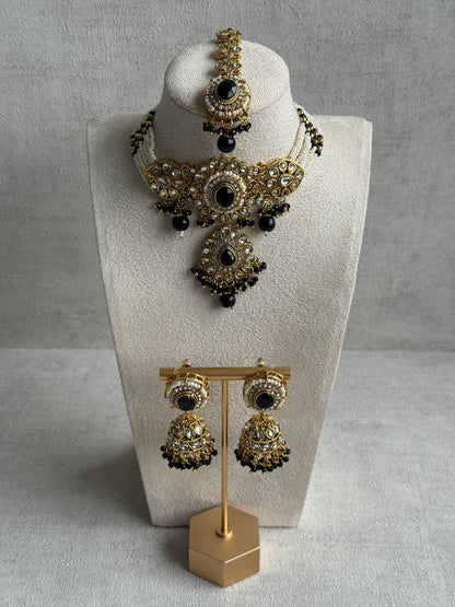 Ayura Designs Muskaan Set – Choker, Jhumkis & Tikka with Black Beads, Kundan Stones & Antique Gold Finish