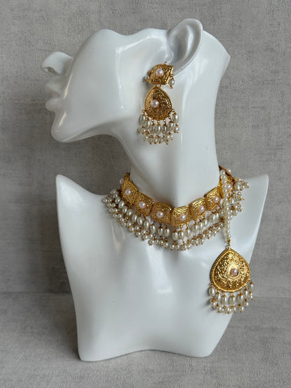 Ayura Designs Chetna Choker Set with Earrings & Tikka – Ivory Pearl Beads & Pearl Drops with Pipal Patti Detailing