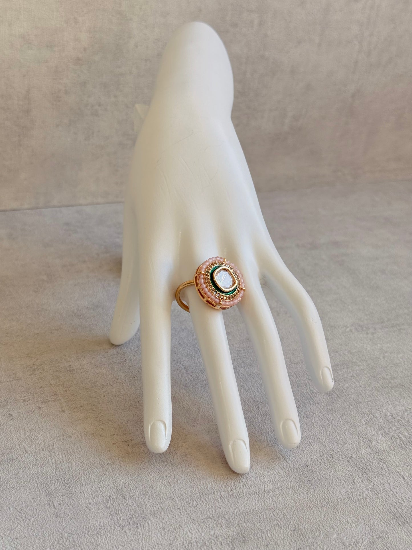 Ayura Designs Roselle Adjustable Ring – Moissanite Centre with Crystal Border & Blush Pink Beads