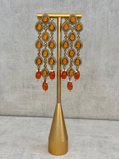 Ayura Designs Mia Earrings – Handcrafted Gold-Toned Cascading Earrings with Orange Gemstones, Pearl Accents & Elegant Drop Detailing