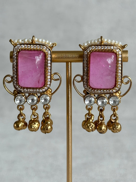 Ayura Designs Aleena Earrings – Rose Pink Stone Stud Earrings with Pearls & Ghungroo Detailing