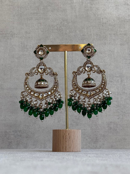 Ayura Designs Reha Earrings – Statement Chandbalis with Emerald Green Beads, Pearls & Mirror-Cut Stones
