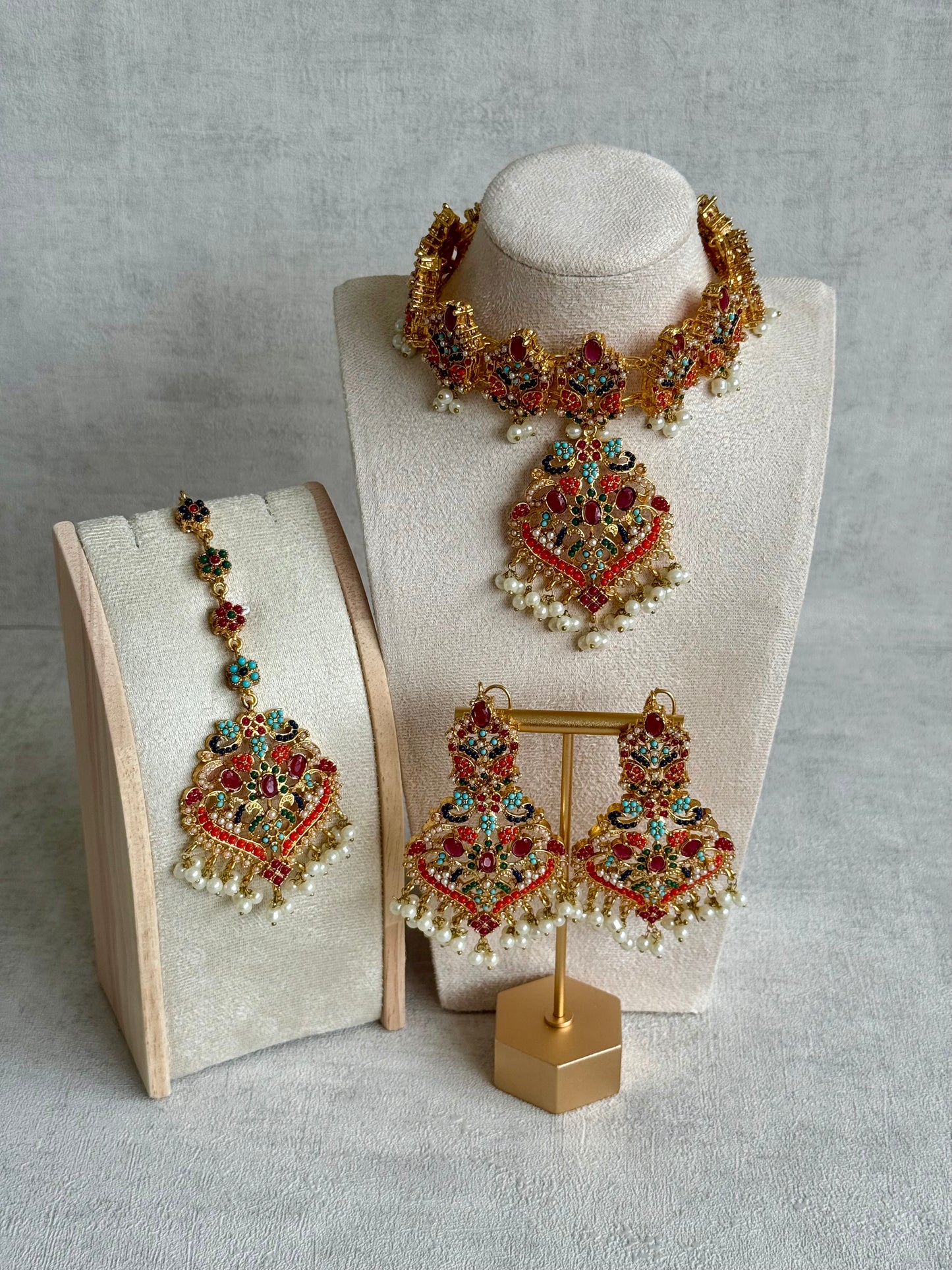 Ayura Designs Itrat Set with Choker, Earrings & Tikka – Antique Gold with Multicolour Stones & Pearl Detailing