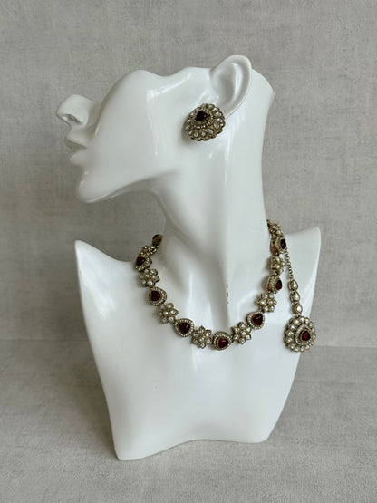 Ayura Designs Ivy Necklace Set with Studs & Tikka – Ruby Red Kundan Detailing