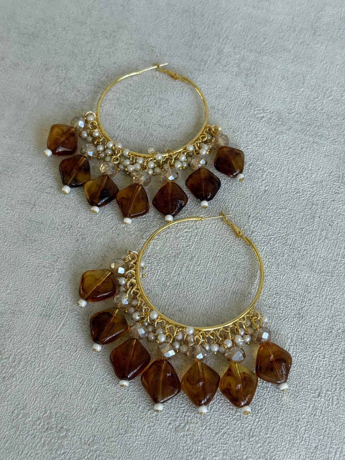 Ayura Designs Heer Balis – Gold Hoops with Smokey Amber Marble Beads, Pearls & Crystal Detailing