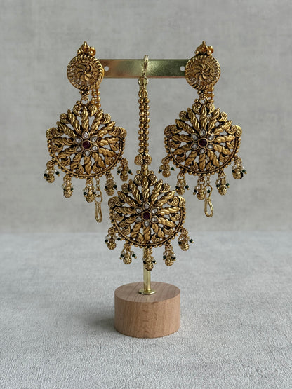 Ayura Designs Survi Tikka Set with Sahare Earrings – Antique Gold with Kundan, Pink Stones, Ivory & Green Beads