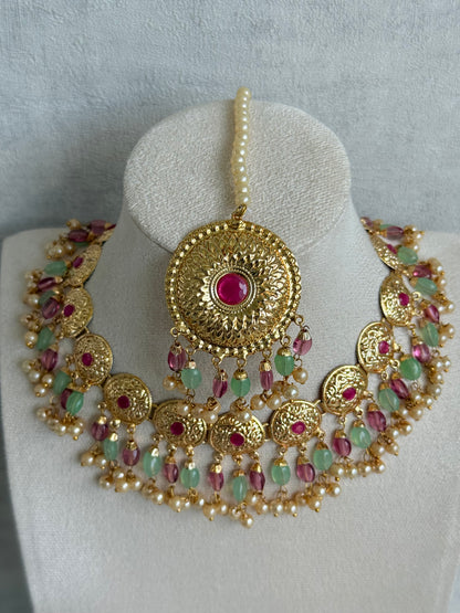 Ayura Designs Jyoti Set with Earrings & Tikka – Gold Disc Necklace with Ruby Pink, Mint Green & Pearl Detailing