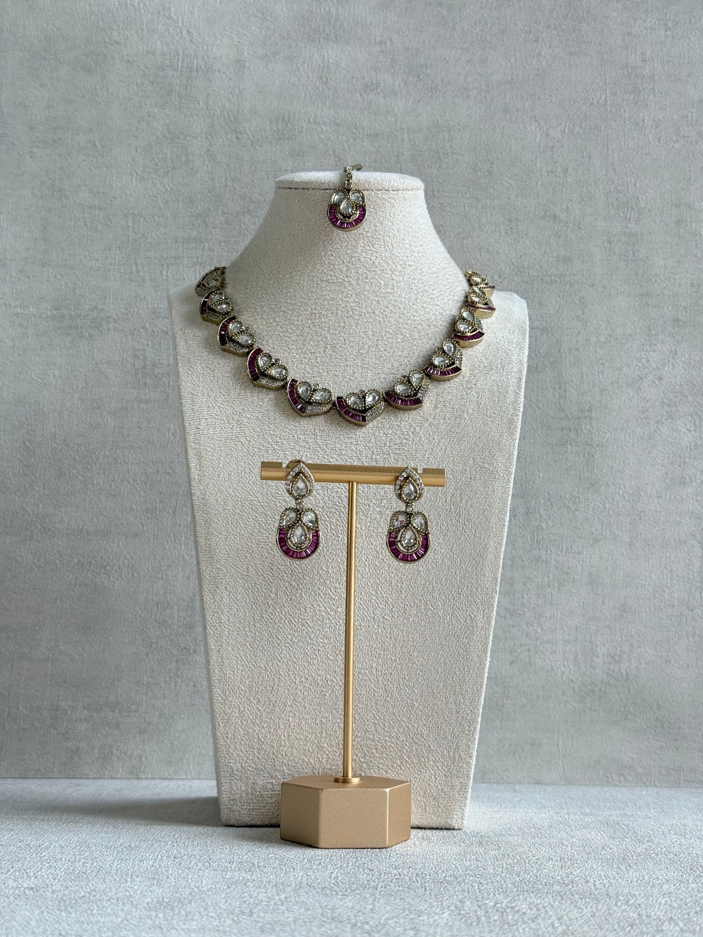 Ayura Designs Katalina Necklace Set with Earrings & Tikka – Rani Pink Stones, Crystals & Antique Gold Finish