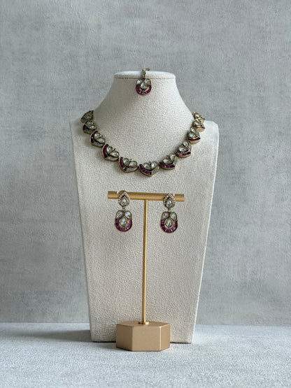 Ayura Designs Katalina Necklace Set with Earrings & Tikka – Rani Pink Stones, Crystals & Antique Gold Finish