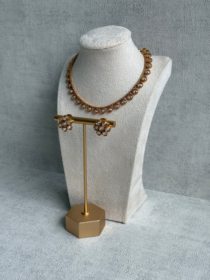 Ayura Designs Veni Set – Gold Necklace & Stud Earrings with Ruby & Champagne Mirror-Cut Polki Stones