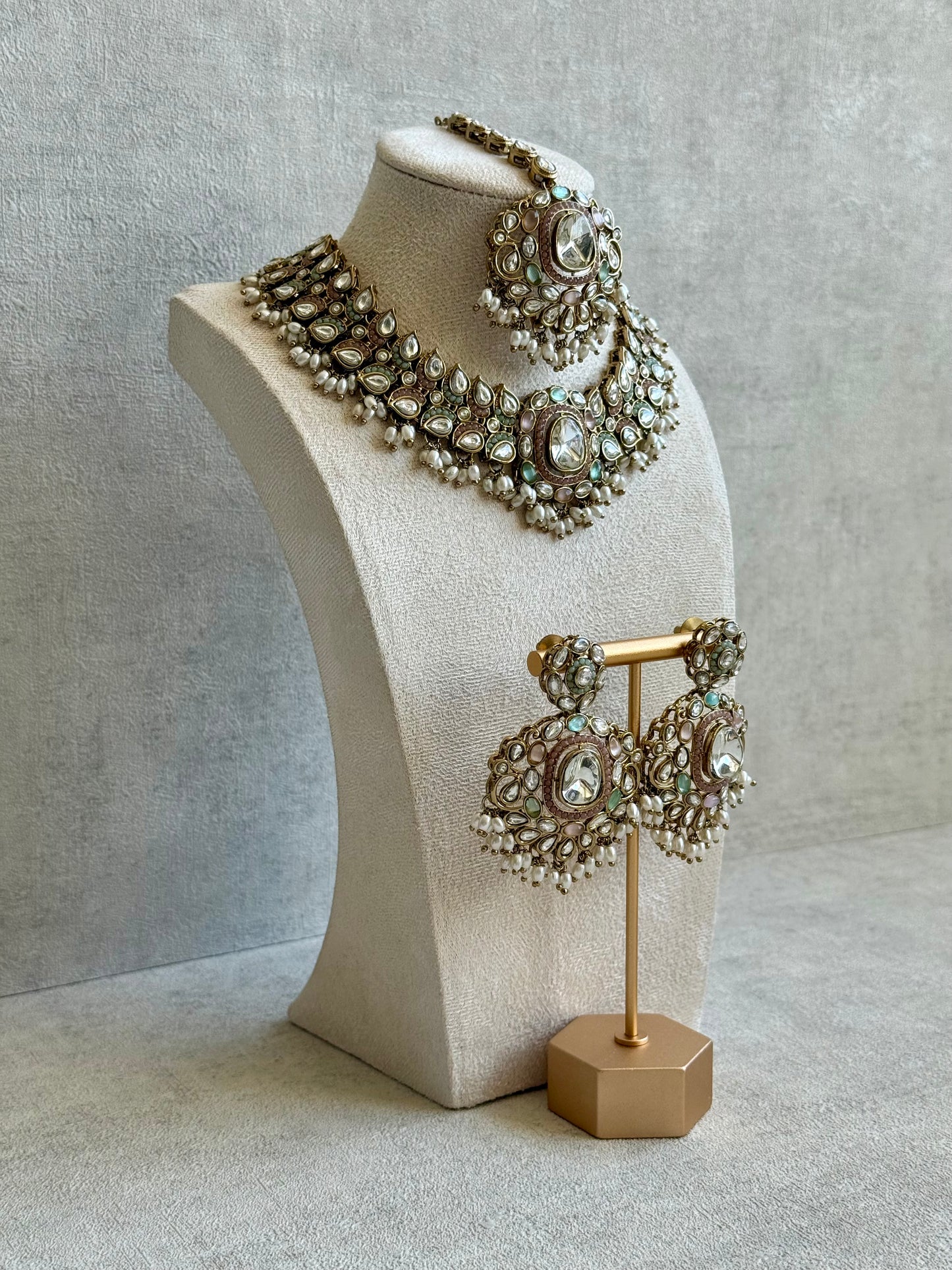 Ayura Designs Durriya Set with Earrings & Tikka – Antique Gold Finish, Mirror-Cut Stones & Pastel Pink, Mint & Ivory Enamel