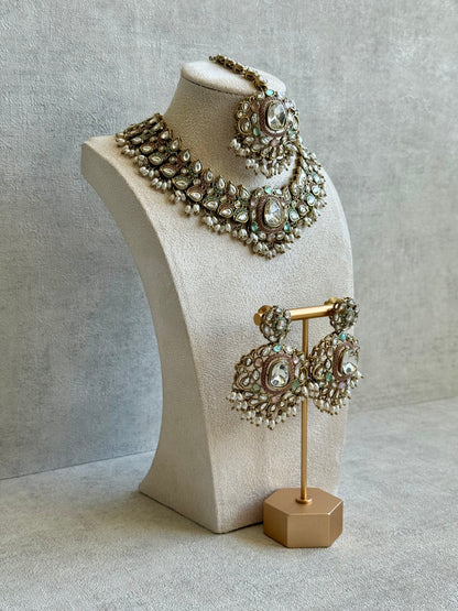 Ayura Designs Durriya Set with Earrings & Tikka – Antique Gold Finish, Mirror-Cut Stones & Pastel Pink, Mint & Ivory Enamel