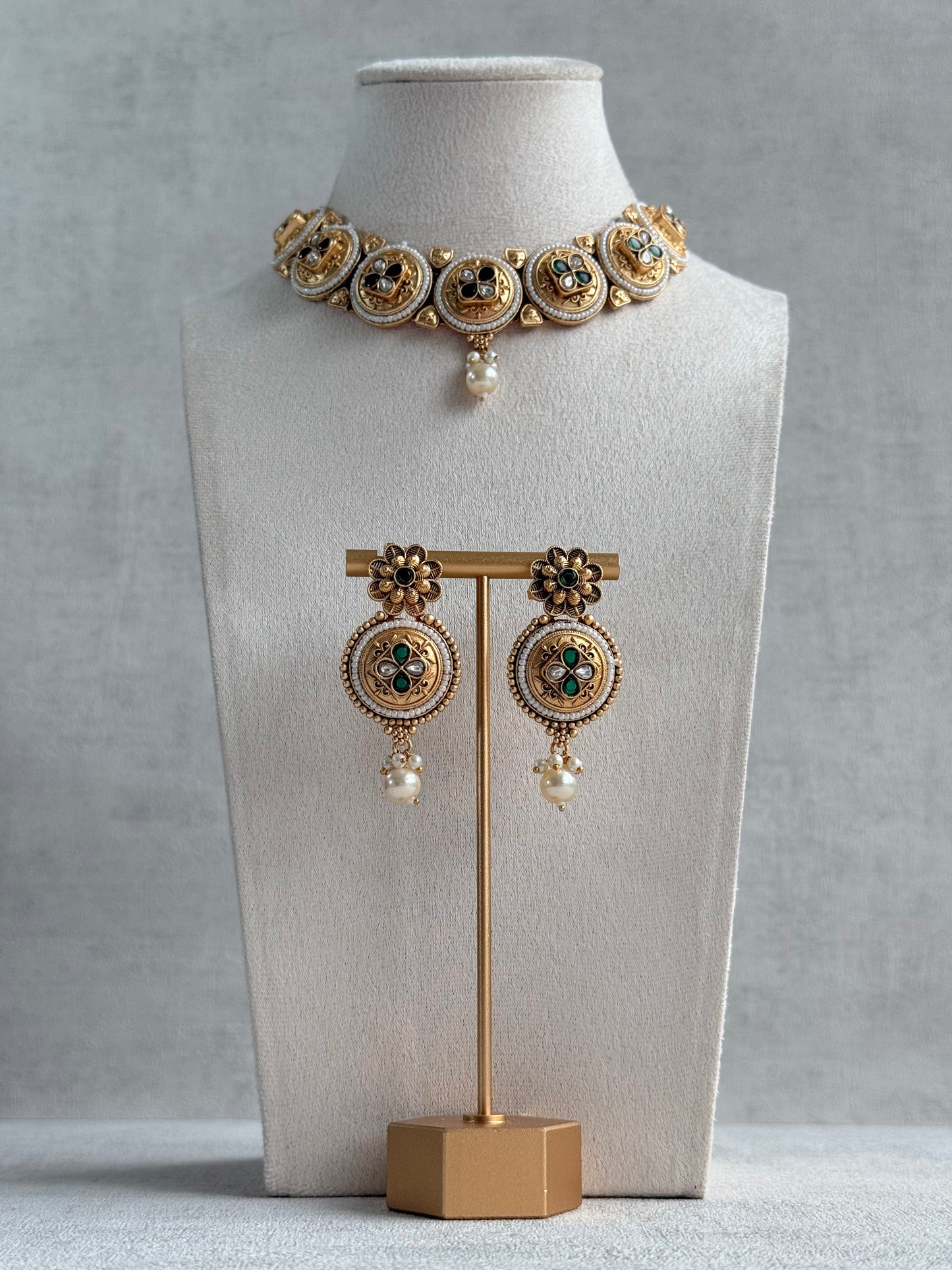 Ayura Designs Kaya Necklace Set with Earrings – Emerald Green Kundan Stones, Pearls & Antique Gold Finish