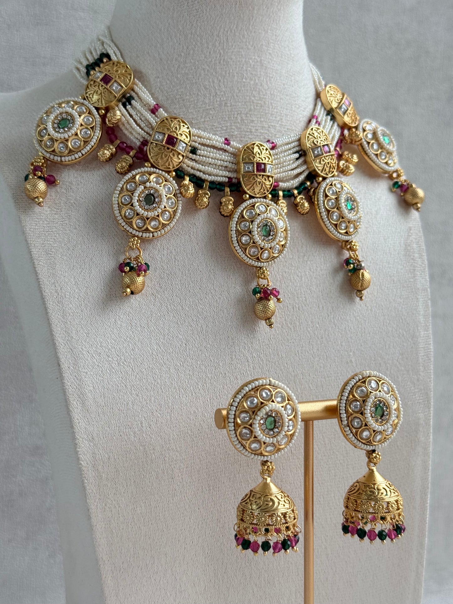 Ayura Designs Kesar Necklace Set with Jhumkis – Multi-Strand Pearl Design, Kundan, Rani Pink & Green Stones & Gold Finish