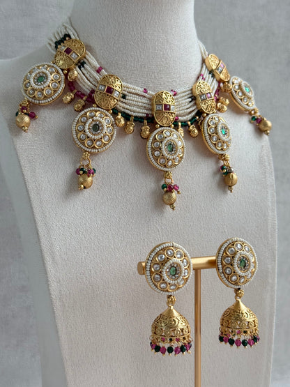 Ayura Designs Kesar Necklace Set with Jhumkis – Multi-Strand Pearl Design, Kundan, Rani Pink & Green Stones & Gold Finish