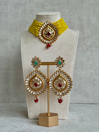 Ayura Designs Baani Kundan Choker with Earrings – Ruby Red Stones, Yellow Strands & Pearl Detailing