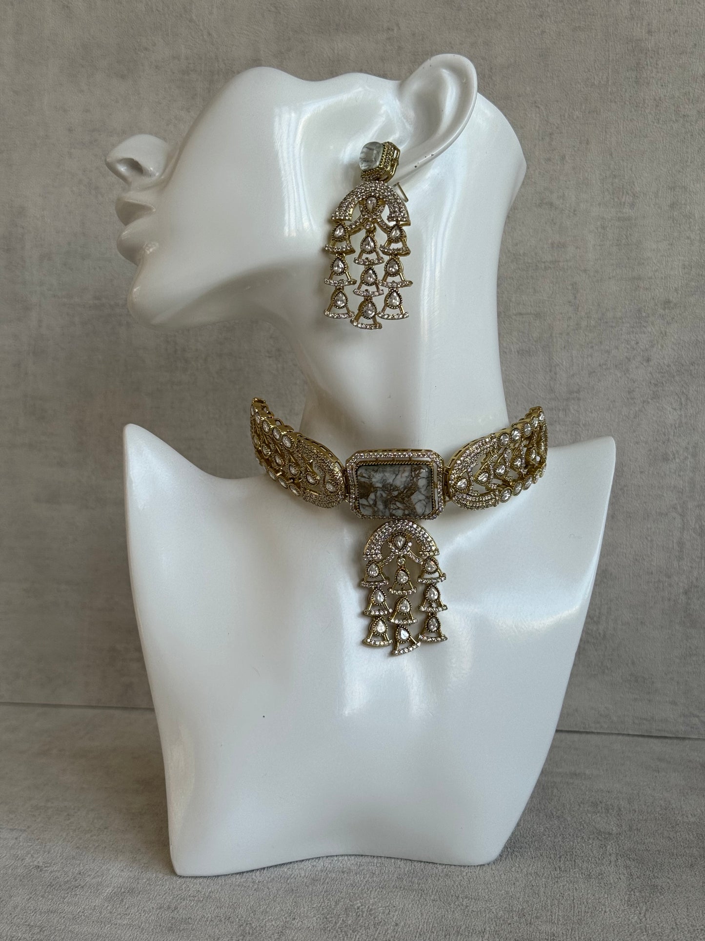 Ayura Designs Isla Choker Set with Earrings – All-White Marble & Moissanite Stones