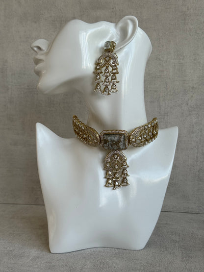 Ayura Designs Isla Choker Set with Earrings – All-White Marble & Moissanite Stones