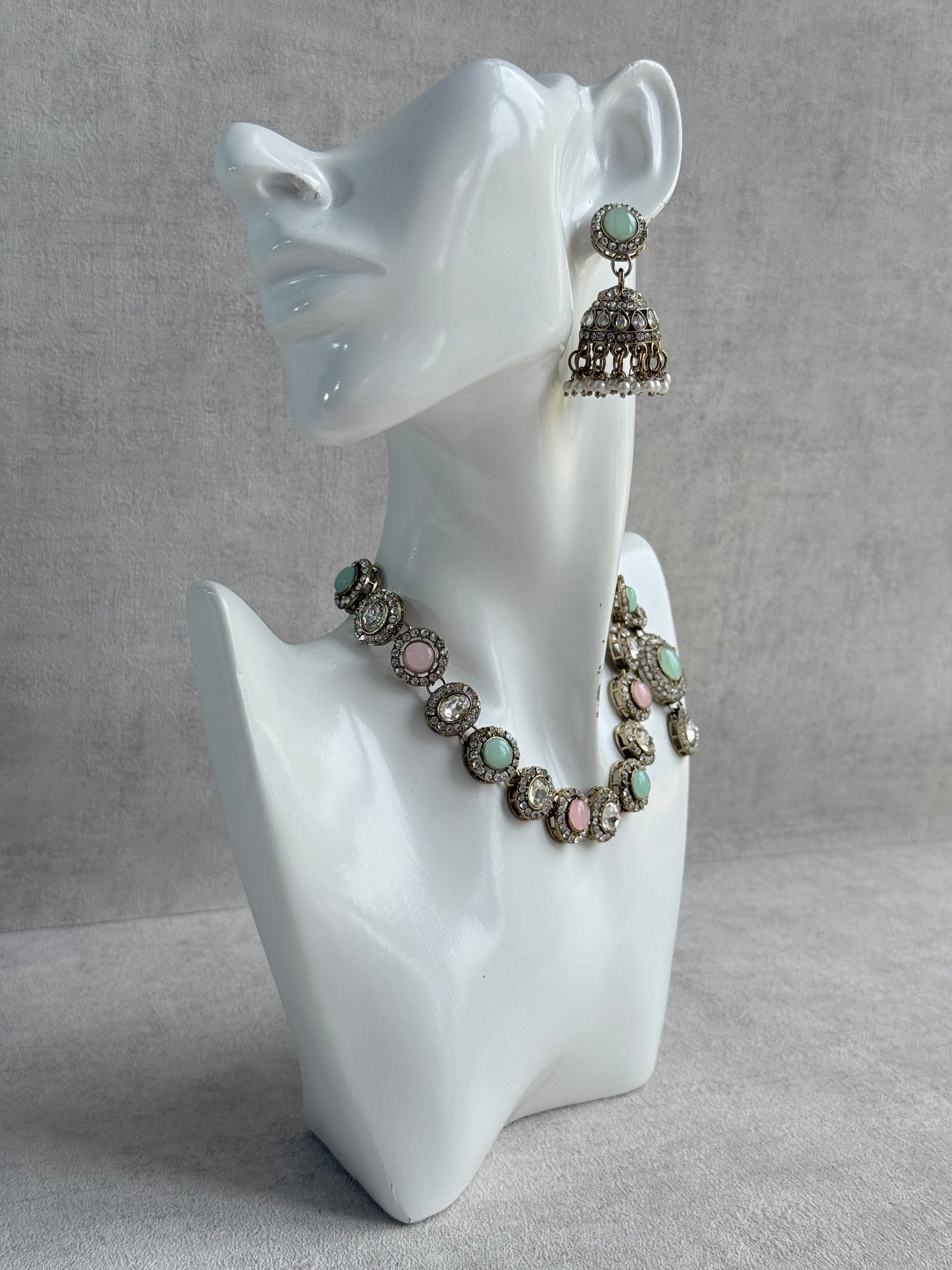 Ayura Designs Eira Necklace Set with Earrings & Tikka – Blush Pink, Mint Green & Crystal Stones with Antique Gold Finish