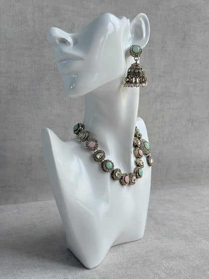 Ayura Designs Eira Necklace Set with Earrings & Tikka – Blush Pink, Mint Green & Crystal Stones with Antique Gold Finish
