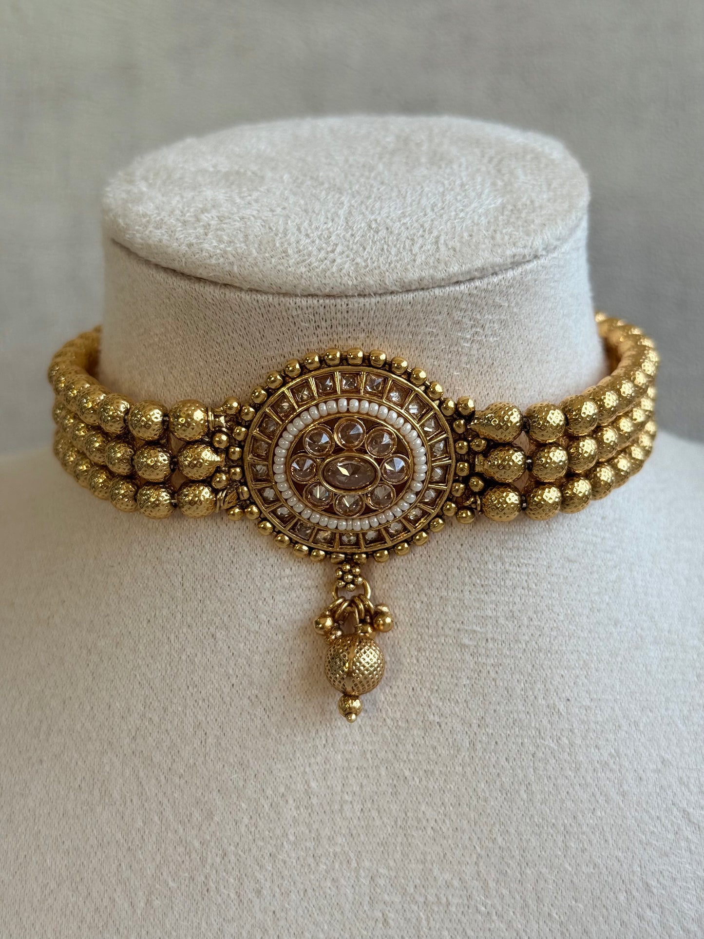 Ayura Designs Kavish Choker Set – Antique Gold Choker with Jhumkis in Champagne Stones & Pearl Detailing