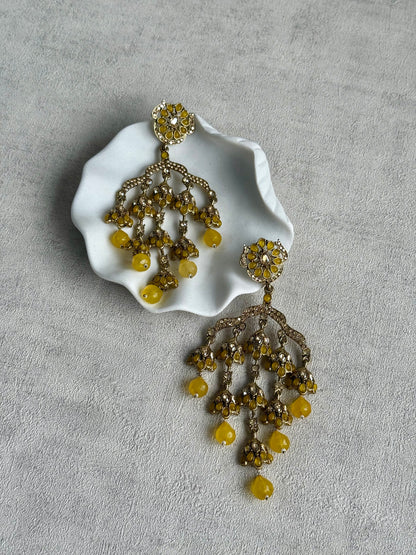 Ayura Designs Jasmine Earrings – Chandelier Statement Earrings with Yellow Beads & Antique Gold Finish