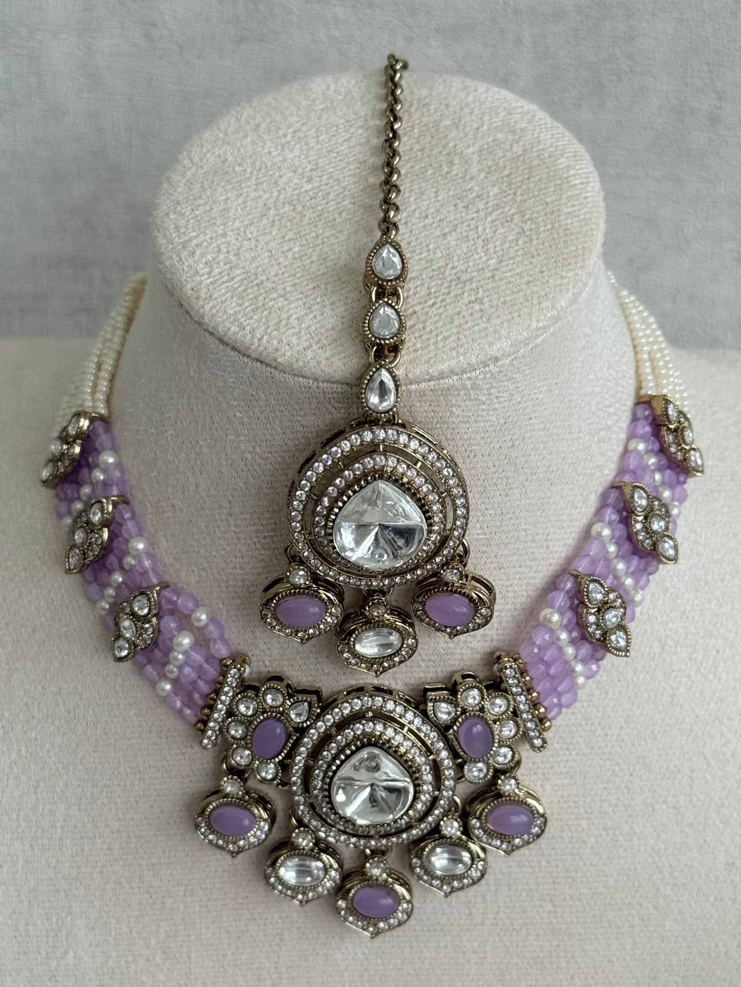Ayura Designs Rahi Necklace Set with Earrings & Tikka – Lilac Stones with Mirror-Cut Detailing & Pearl Strands