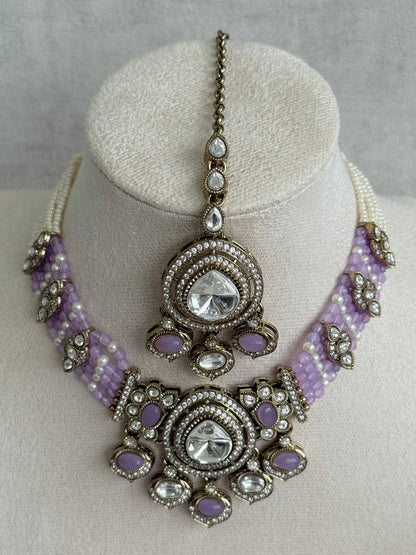 Ayura Designs Rahi Necklace Set with Earrings & Tikka – Lilac Stones with Mirror-Cut Detailing & Pearl Strands