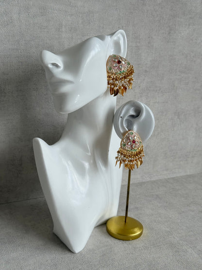 Ayura Designs Rozina Earrings – Floral Meenakari Earrings with Ruby Pink Centre Stone, Pearl Clusters & Gold Leaf Charms