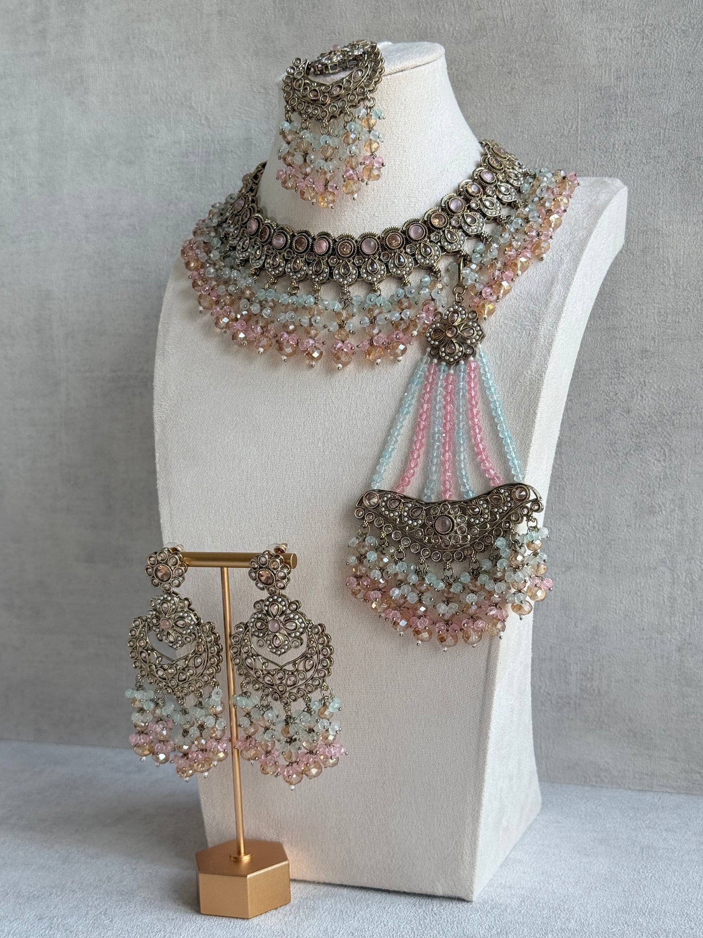 Ayura Designs Dilnaz Necklace Set – Blush Pink, Aqua & Champagne Crystal Beads