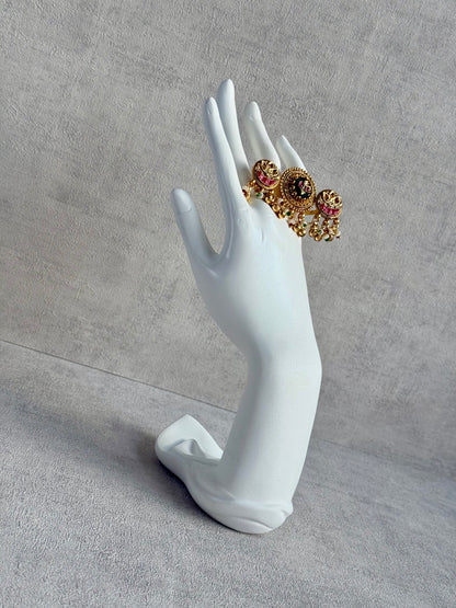 Ayura Designs Raha Adjustable Ring – Antique Gold Lotus Motifs with Emerald Green & Rani Pink Stones, Pearl Drops & Ghungroo Detailing