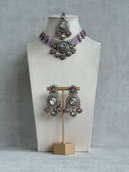 Ayura Designs Rahi Necklace Set with Earrings & Tikka – Lilac Stones with Mirror-Cut Detailing & Pearl Strands