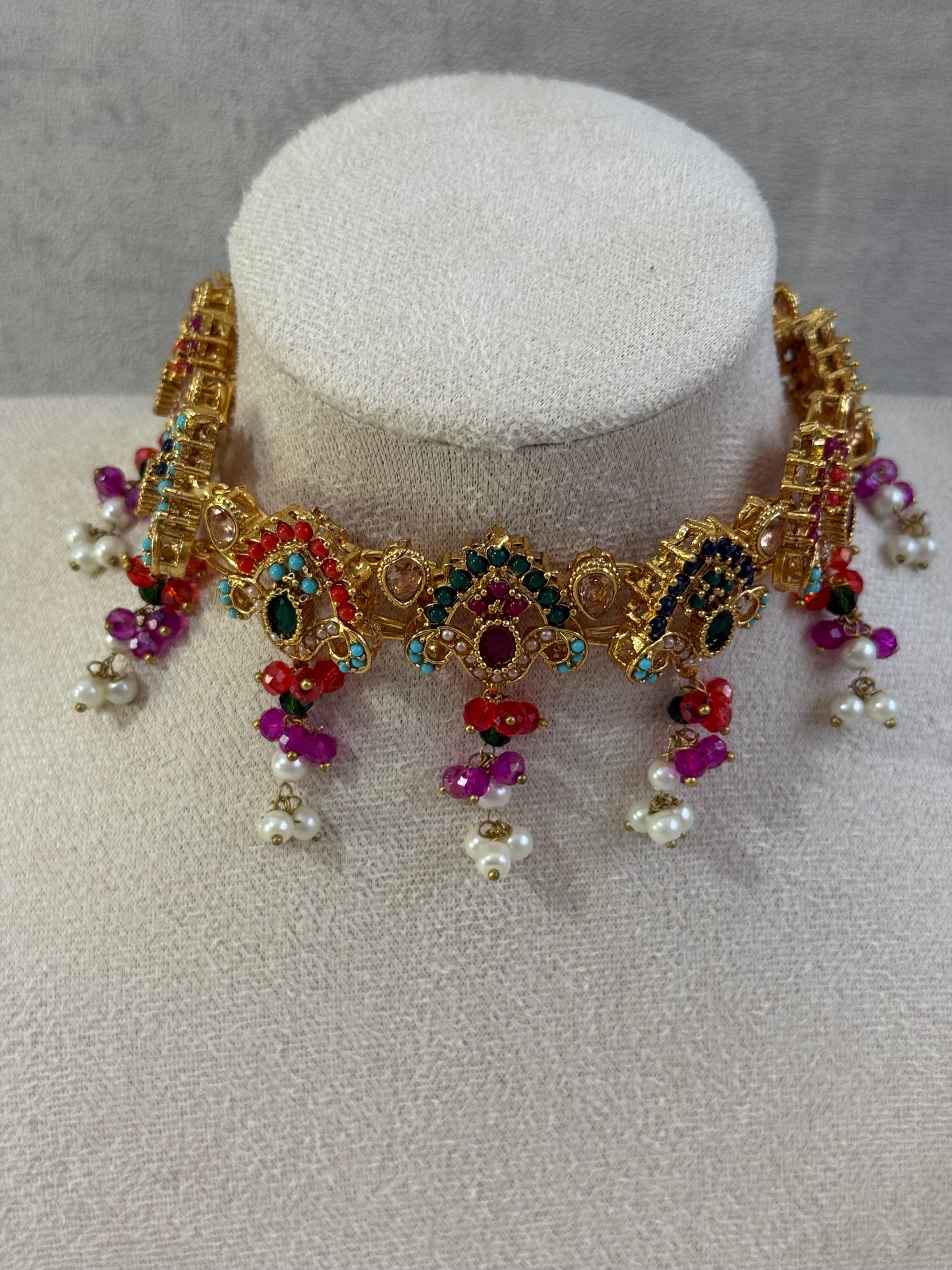 Ayura Designs Noor Set – Choker, Jhumkis with Sahare & Tikka in Multicolour with Pearl Detailing