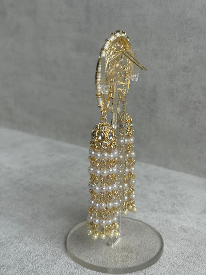 Ayura Designs Kamya Hair Brooch – Polki Crescent with Pearl Tassels in Gold Finish