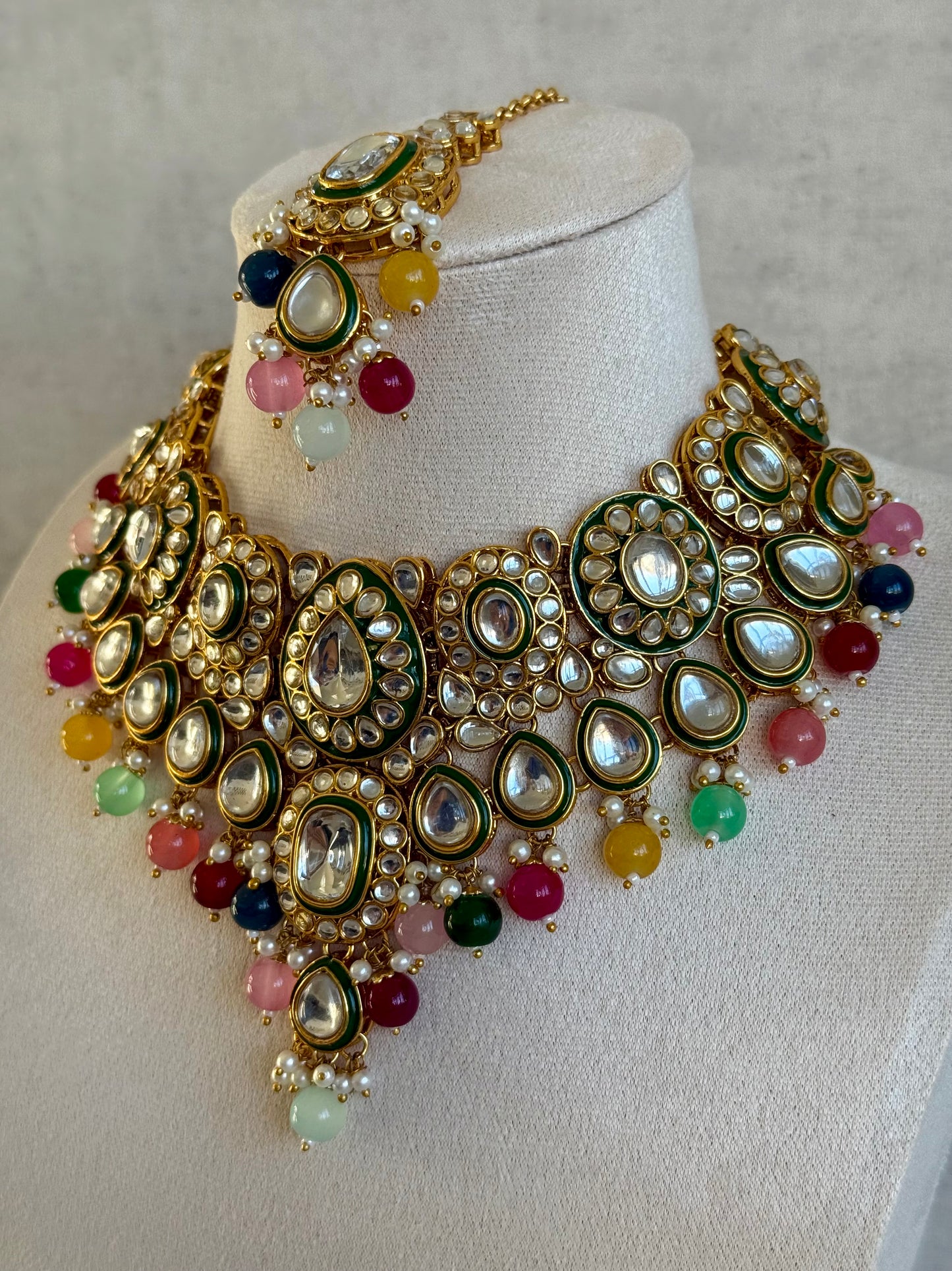 Ayura Designs Jashan Set with Necklace, Earrings, Tikka & Passa – Kundan Detailing, Pearl Drops & Multicolour Beads