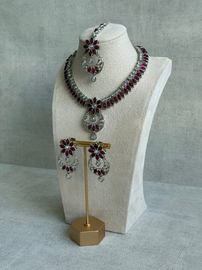 Ayura Designs Fareeha Set with Necklace, Earrings & Tikka – Mirror-Cut Stones, Fuchsia Floral Detailing & Silver Finish