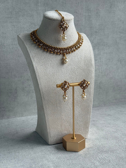 Ayura Designs Hima Set – Necklace, Earrings & Tikka with Mirror-Cut Stones, Pearl Drops & Polished Gold Finish