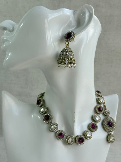 Ayura Designs Eira Necklace Set with Earrings & Tikka – Plum & Crystal Stones with Antique Gold Finish