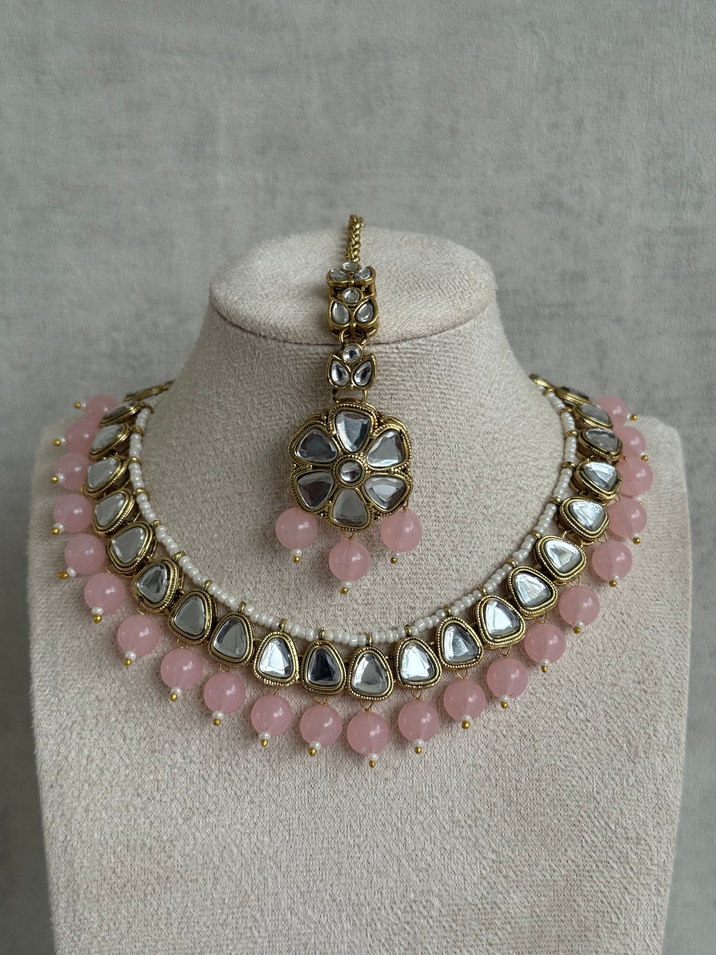 Ayura Designs Mishal Set with Jhumkis & Tikka – Ivory Pearls & Mirror-Cut Stones