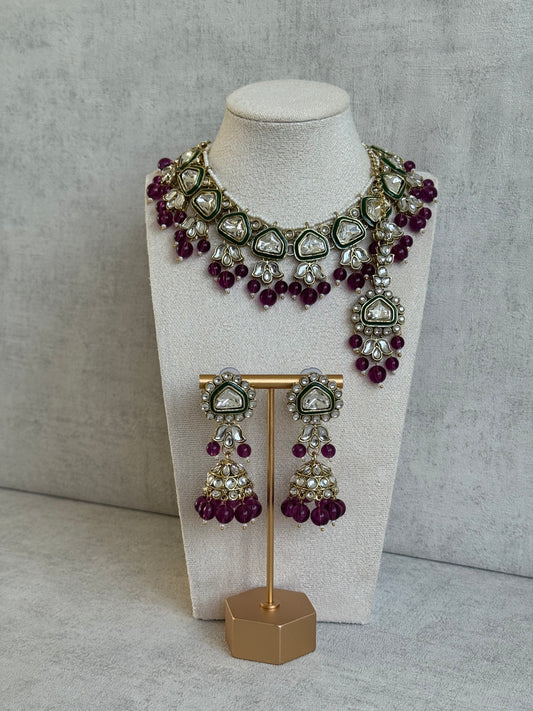 Ayura Designs Izza Set with Jhumkis & Tikka – Mirror-Cut Kundan Stones, Deep Plum Beads & Emerald Green Enamel Finish