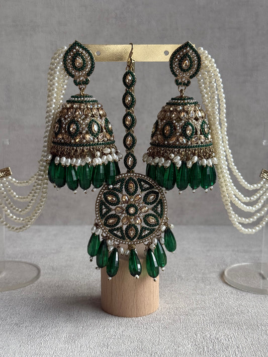 Ayura Designs Amrita Set – Jhumkis with Sahare & Tikka in Emerald Green Beads, Pearls and Antique Gold Finish
