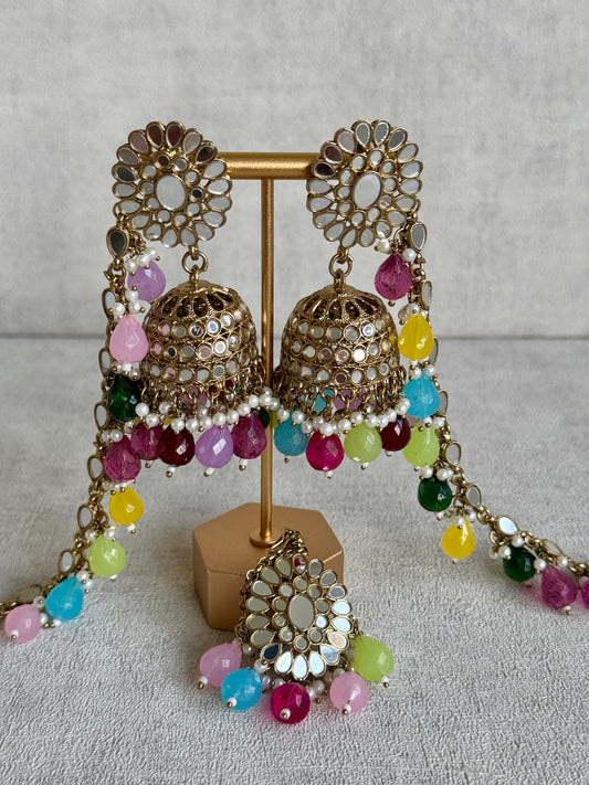Ayura Designs Fitoor Tikka Set – Mirror Work with Multicolour Beads, Pearl Detailing & Matching Sahare