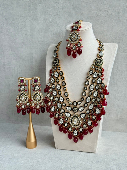 Ayura Designs Zahira Bridal Set with Necklace, Earrings & Tikka – Kundan Detailing with Green Enamel, Ruby Pink Stones & Maroon Bead Drops