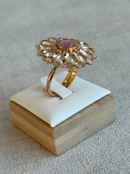 Ayura Designs Luisa Adjustable Ring – Blush Pink Centre Stone with Crystal Petal Detailing