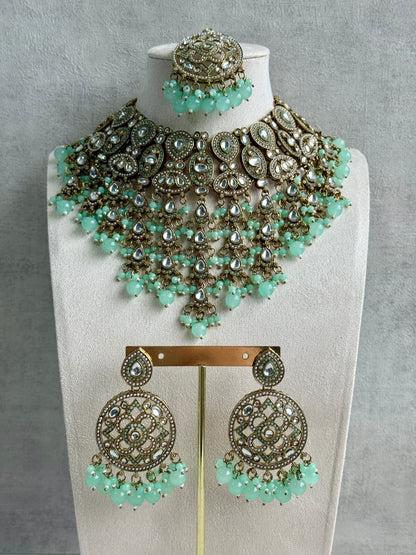 Ayura is Designs Tanya Bridal Set with Necklace, Earrings & Tikka – Pistachio Mint Beads, Mirror-Cut Stones and Antique Gold Finish