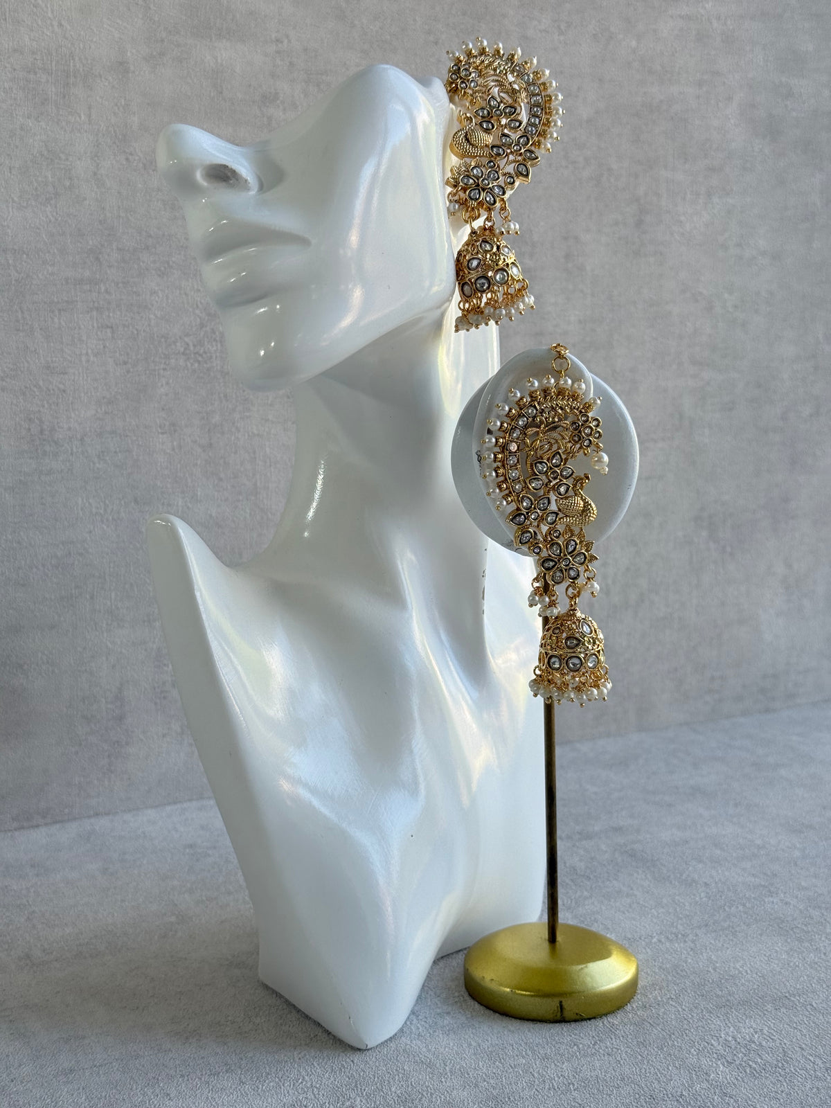 Ayura Designs Nitya Kaanphool Jhumkis – Gold Half Ear Cuff Earrings, Peacock Motifs, Kundan, Ivory Pearl Drops & Sahare