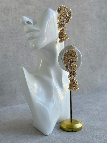 Ayura Designs Nitya Kaanphool Jhumkis – Gold Half Ear Cuff Earrings, Peacock Motifs, Kundan, Ivory Pearl Drops & Sahare