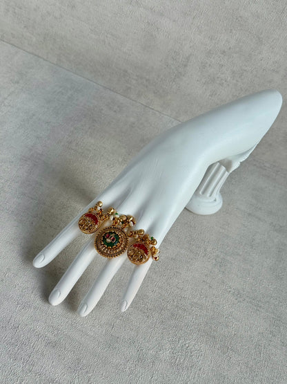 Ayura Designs Raha Adjustable Ring – Antique Gold Lotus Motifs with Emerald Green & Rani Pink Stones, Pearl Drops & Ghungroo Detailing